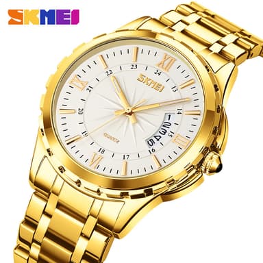 SKMEI 9069 Quartz Wrist Watch Luxury Gold Stainless Steel With Day & Date Display For Men & Women 1