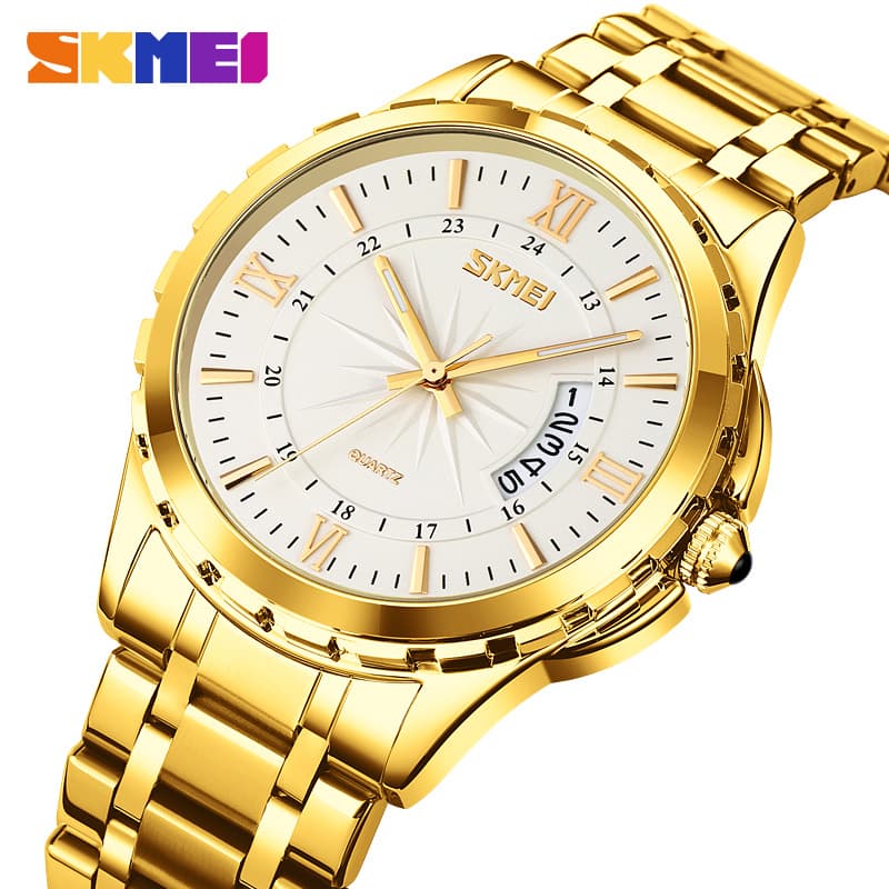SKMEI 9069 Quartz Wrist Watch Luxury Gold Stainless Steel With Day & Date Display For Men & Women
