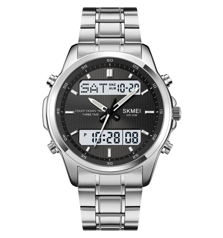 SKMEI 2049 Luxury Analog-Digital Stainless Steel Sports Watch For Men – 30M Waterproof LED Dual Display Wrist Watch With Alarm, Stopwatch