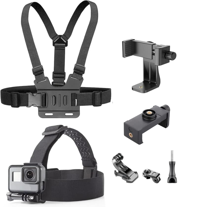 Universal Action Camera Accessories Kit 7 in 1 Chest Harness, Head Strap, Phone Holder & Mount Set for GoPro, DJI, Insta360, AKASO & More