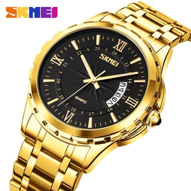 SKMEI 9069 Quartz Wrist Watch  Gold Stainless Steel With Day & Date Display For Men & Women 1