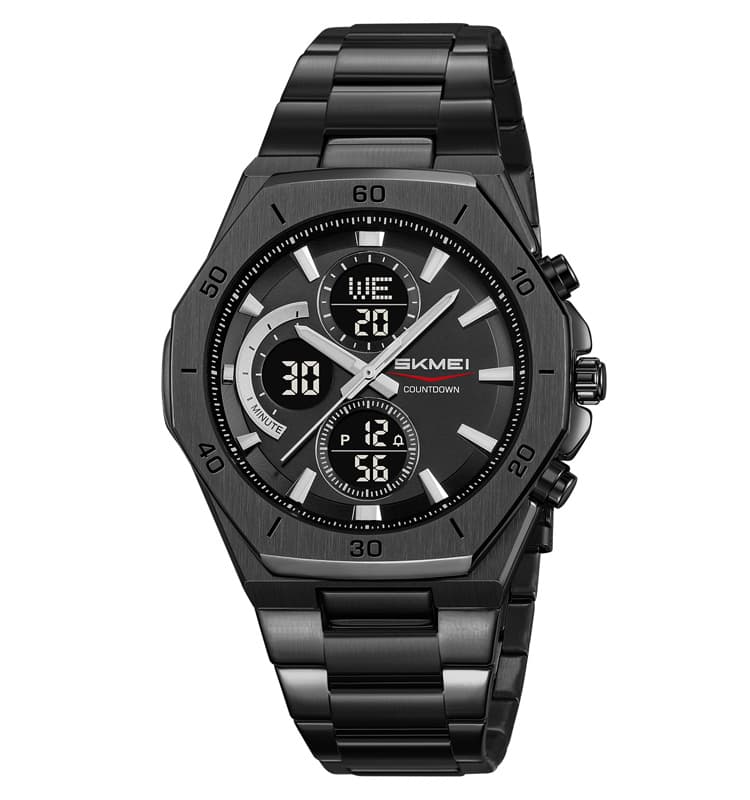 SKMEI 2561 Luxury Stainless Steel Dual Display Analog Digital Waterproof Sports Quartz Wrist Watch For Men With LED Backlight, Alarm, Stopwatch, Date Display And Fashion