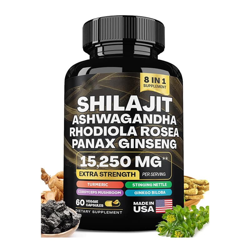 BIYODE 8-in-1 Shilajit Capsules — Shilajit, Panax Ginseng, Ashwagandha, Rhodiola Rosea, Turmeric, Gingko Biloba, Stinging Nettle, And Cordyceps Mushroom (15250mg)