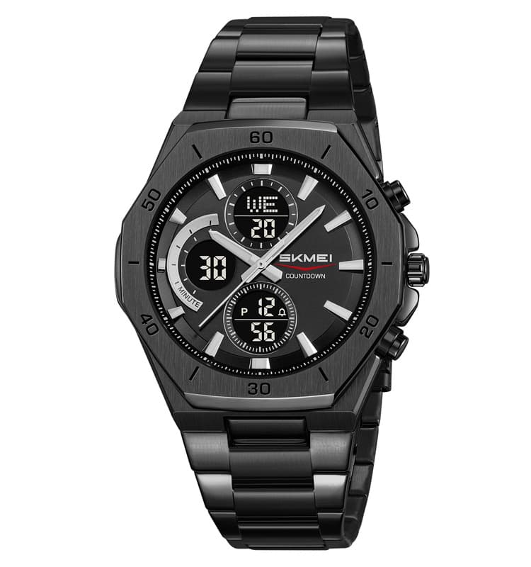 SKMEI 2561 Luxury Stainless Steel Dual Display Analog Digital Waterproof Sports Quartz Wrist Watch For Men With LED Backlight, Alarm, Stopwatch, Date Display And Fashion