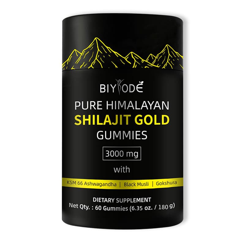 Biyodé Pure Himalayan Shilajit Gold Gummies 3000mg With KSM-66 Ashwagandha, Black Musli & Gokshura – Dietary Supplement (60 Gummies)