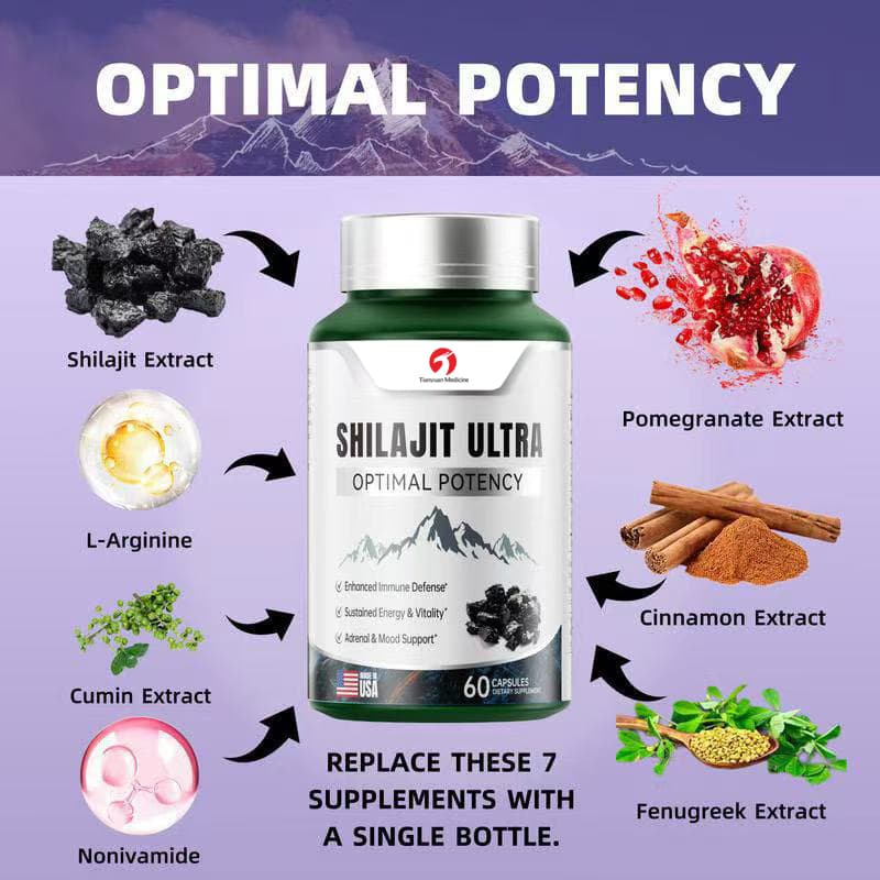 Shilajit Ultra Optimal Potency, Shilajit Extract with L-Arginine, Pure Shilajit for Enhanced Energy and Immune Support Men & Women, Made in USA 60 Shilajit Capsules