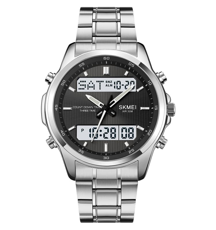 SKMEI 2049 Luxury Analog-Digital Stainless Steel Sports Watch For Men – 30M Waterproof LED Dual Display Wrist Watch With Alarm, Stopwatch