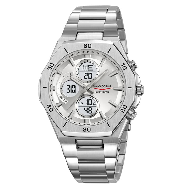 SKMEI 2561 Luxury Stainless Steel Dual Display Analog Digital Waterproof Sports Quartz Wrist Watch For Men With LED Backlight, Alarm, Stopwatch, Date Display And Fashion Business Casual Design