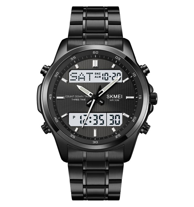 SKMEI 2049 Luxury Analog-Digital Stainless Steel Sports Watch For Men – 30M Waterproof LED Dual Display Wrist Watch With Alarm, Stopwatch & Calendar