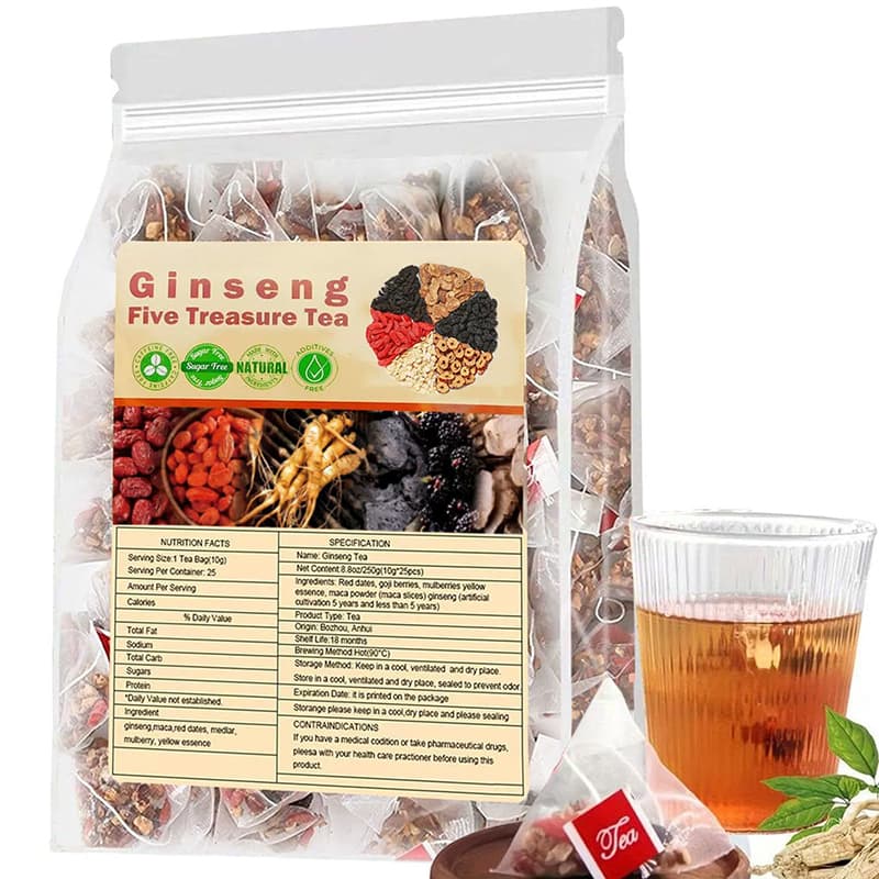 Panax Ginseng Five Treasure Herbal Wellness Tea – Natural Energy & Vitality Blend With Ginseng Root, Goji Berries, Red Dates, Mulberries And Maca Root For Daily Wellness, Immune Support, Stamina And Healthy Living (20Bags)
