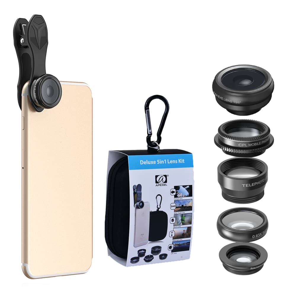 APEXEL 5 in 1 Camera Phone Lens Kit with Fish Eye, Macro, Wide Angle & 2x Telephoto Lens with CPL Filter