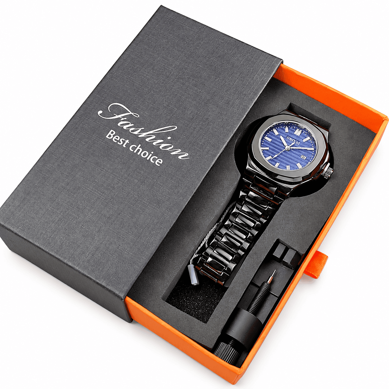 ONOLA Black Ceramic Men's Quartz Wrist Watch Gift Set – Premium Blue Dial Analog Watch with Scratch-Resistant Ceramic Strap, Adjustable Bracelet Tool & Elegant Gift Box