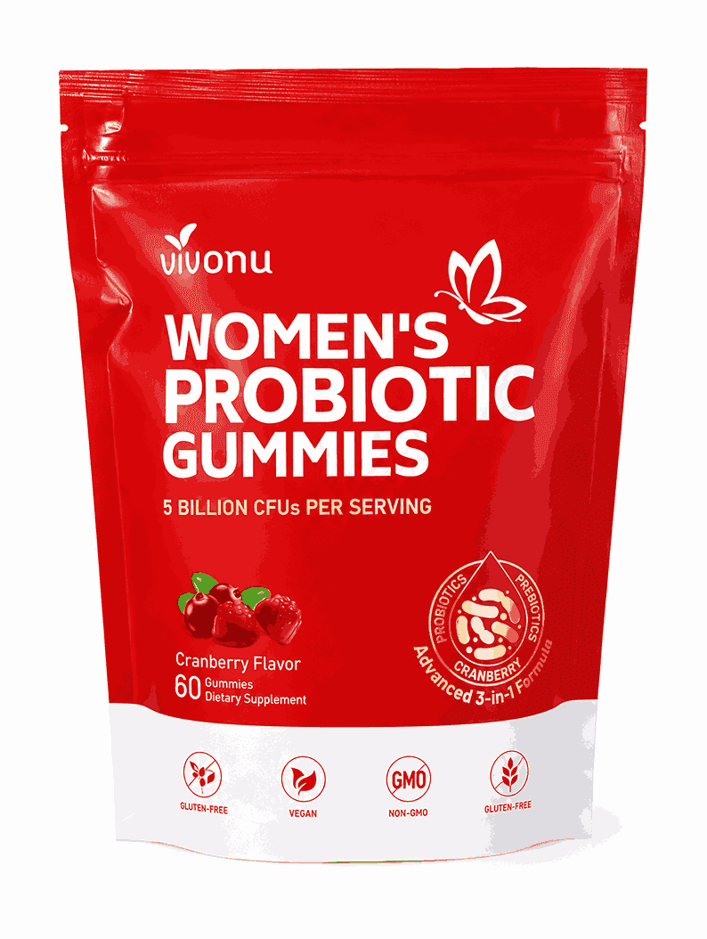 Vivonu Women's Probiotic Gummies – Advanced 3-in-1 Probiotic & Prebiotic Formula with 5 Billion CFUs, Cranberry Flavor, Digestive, Vaginal & Urinary Tract Health Support, 60 Vegan Gummie