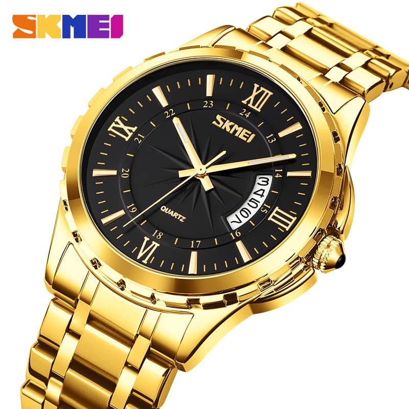 SKMEI 9069 Quartz Wrist Watch Gold Stainless Steel With Day & Date Display For Men & Women