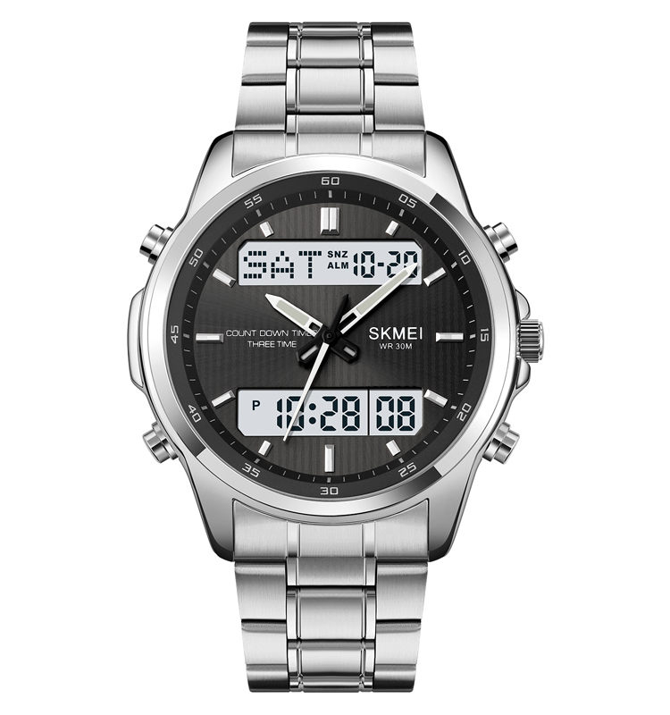 SKMEI 2049 Luxury Analog-Digital Stainless Steel Sports Watch For Men – 30M Waterproof LED Dual Display Wrist Watch With Alarm, Stopwatch