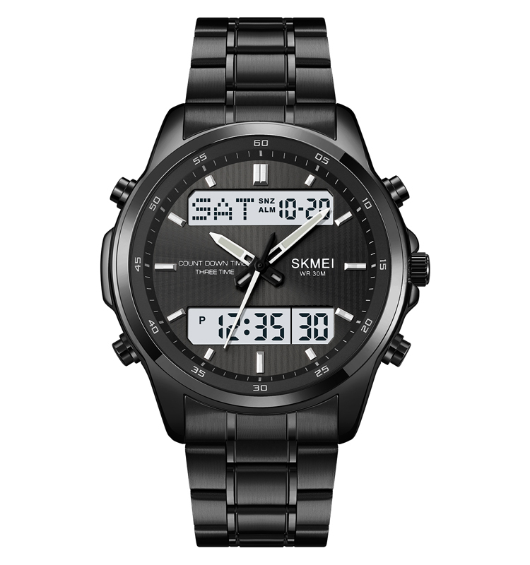 SKMEI 2049 Luxury Analog-Digital Stainless Steel Sports Watch For Men – 30M Waterproof LED Dual Display Wrist Watch With Alarm, Stopwatch & Calendar