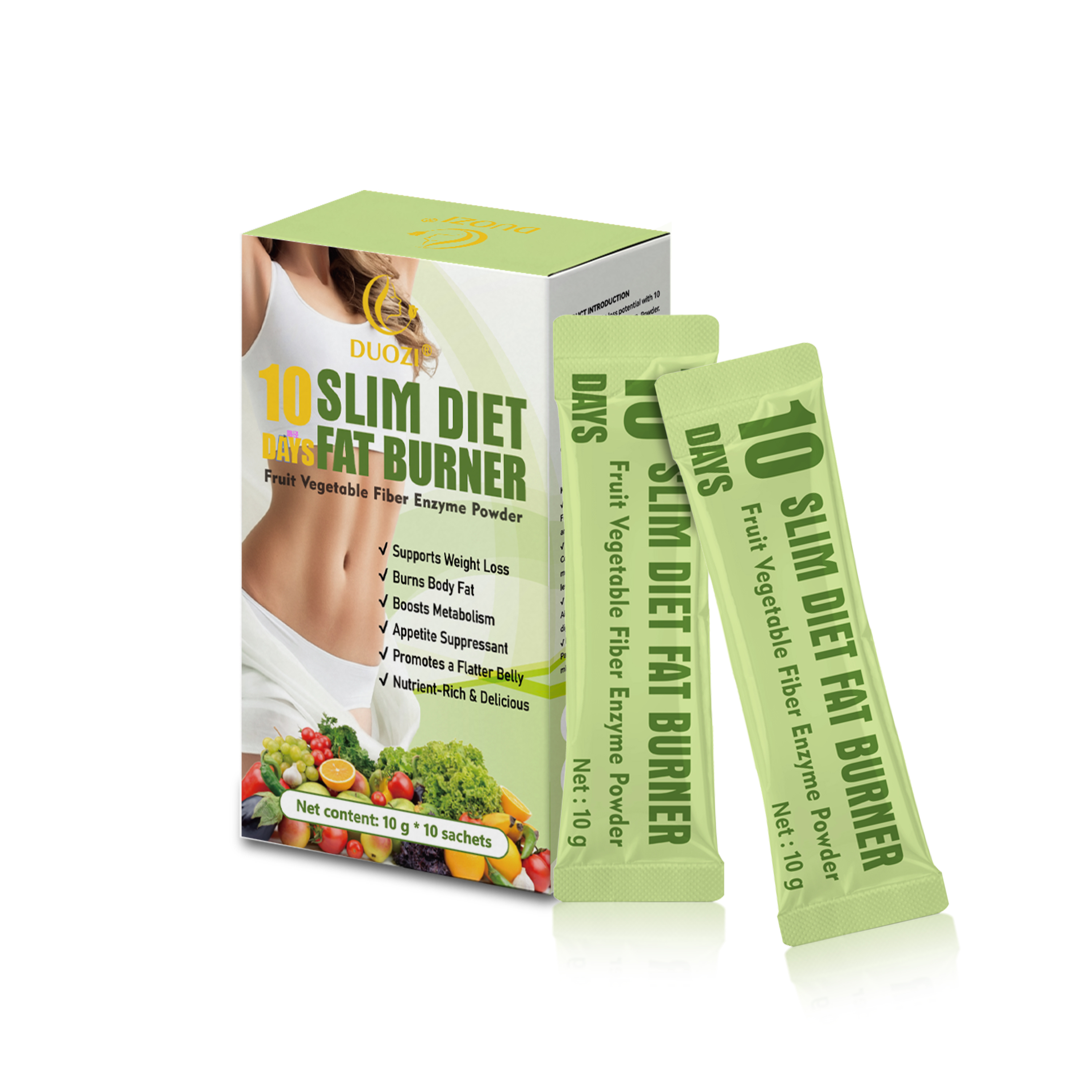Duozi 10 Days Slim Diet Fat Burner Fruit & Vegetable Fiber Enzyme Powder – Advanced Weight Management, Metabolism Boosting and Digestive Support Formula (10 Sachets × 10g)