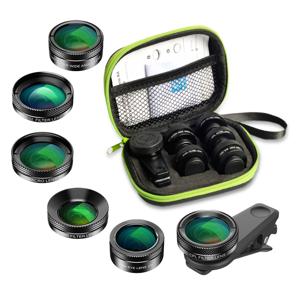 Apexel 6 in 1 Camera Lens Kit, Phone Lenses Clip on Fisheye Lens, Wide Lens, Macro Lens, 6 Star Filter, CPL Filter, ND 32 Filter