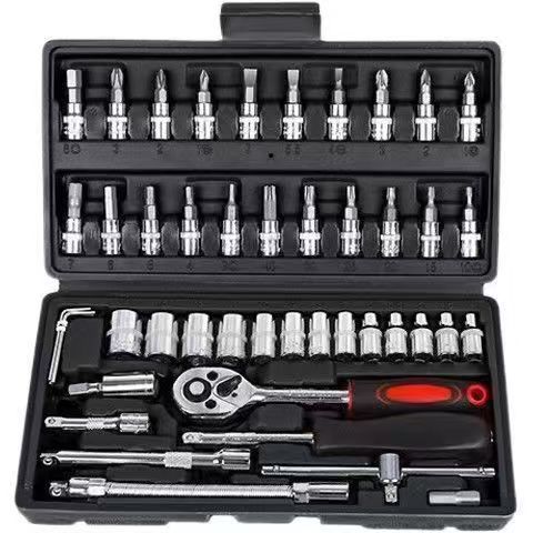 Ratchet Socket Wrench Repair Kit 46-Piece Carbon Steel Box Packing for Bicycle/Motorcycle/Car Repair