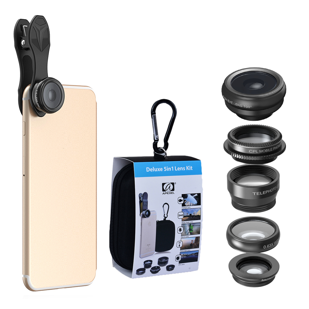 APEXEL 5 in 1 Camera Phone Lens Kit with Fish Eye, Macro, Wide Angle & 2x Telephoto Lens with CPL Filter