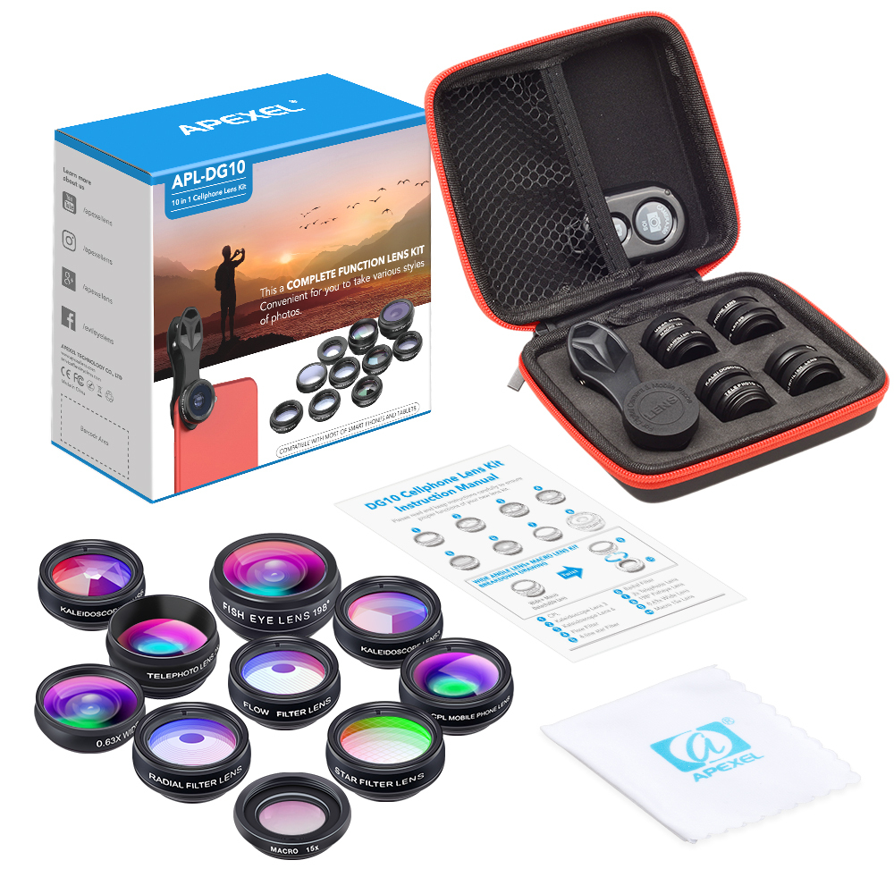 Apexel 10 In1 Cell Phone Camera Lens Kit Wide Angle&Macro Lens+Fisheye Lens Telephoto Lens CPL/Flow/Star/Kaleidoscope For Phones