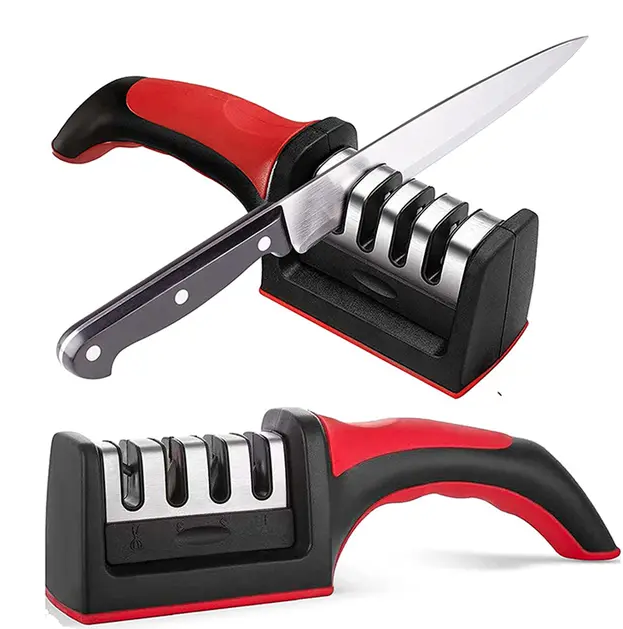 Knife Sharpening Tool 4in1, Manual Knife Sharpener for Sharpening and Polishing Kitchen Knives, Scissors (Coarse Tungsten Steel, Fine Ceramic Stone)