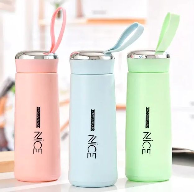 Nice Water Bottle Glass Vacuum Nice Flask with Loop: Temperature Resistant for Hot & Cold Water, Juice, Smoothie 400ml