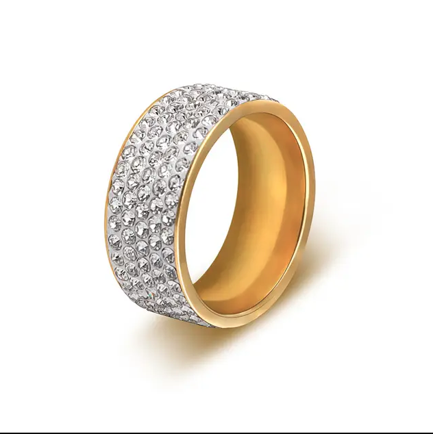 High Quality Wedding Band and Engagement Promise Ring with Crystal and Rhinestones Inlaid in a Round Design