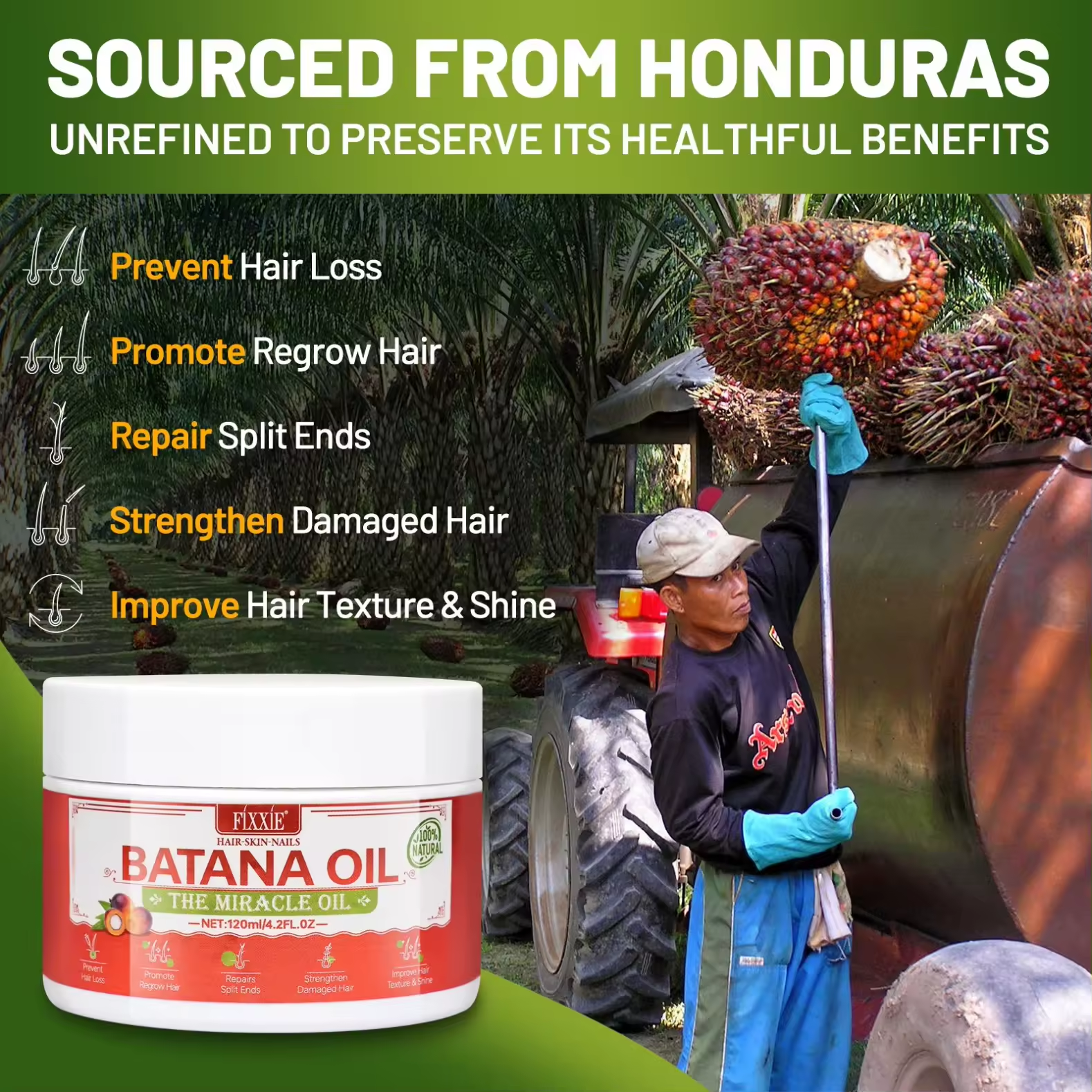 Fixxie Raw Batana Oil for Hair Growth - 120ml, 100% Pure Natural Raw Batana Oil from Honduras, Unrefined and Organic Hair Mask, Prevents Hair Loss and Promotes Hair Thickness for Women and Men. - Image 2