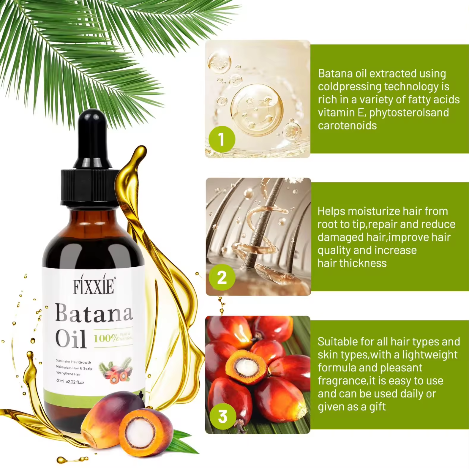 FIXXIE Batana Oil for Hair Growth - 60ml, 100% Pure & Natural Batana Hair Oil from Honduras, Designed to Prevent Hair Loss, Suitable for Men & Women, Promotes Thicker & Stronger Hair. - Image 3